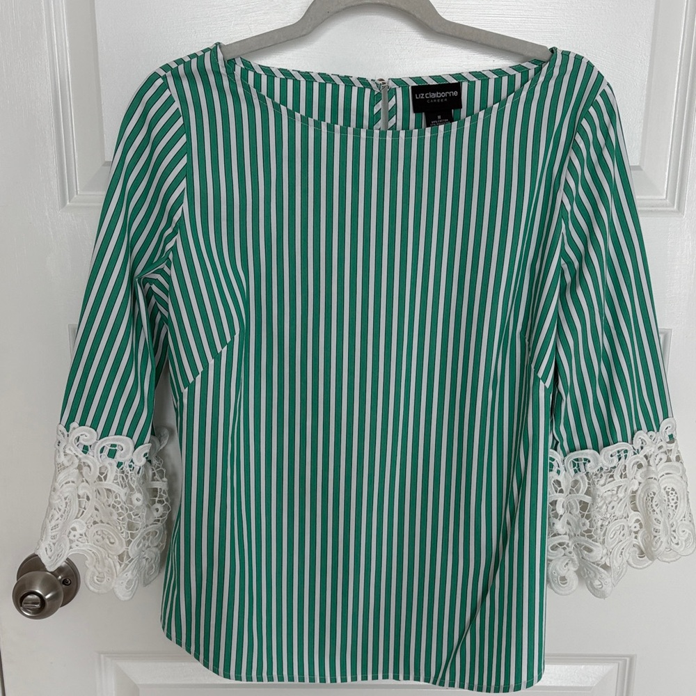 Liz Claiborne Green and White Striped Blouse with Lace Sleeves